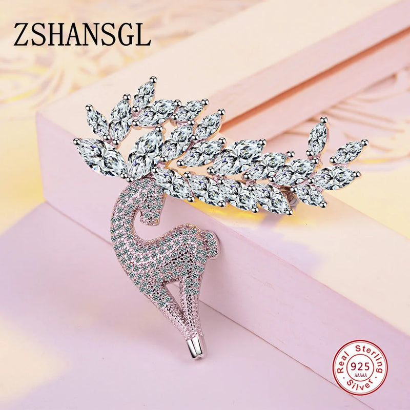 Sterling Silver Crystal CZ Deer Reindeer Brooch for Lady Party Pins