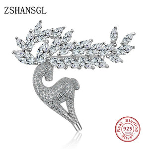 Sterling Silver Crystal CZ Deer Reindeer Brooch for Lady Party Pins