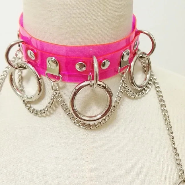 Women Punk Choker Necklace Neon Green Pink Three O Chain Necklace
