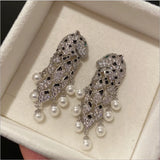 Leopard Pearl Tassel Earrings Silver Needle Baroque Exaggerated Earrings