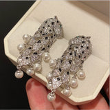 Leopard Pearl Tassel Earrings Silver Needle Baroque Exaggerated Earrings