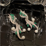 Geometric Green Zircon Pearl Earrings Silver Needle Seaweed Design