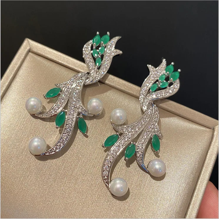 Geometric Green Zircon Pearl Earrings Silver Needle Seaweed Design