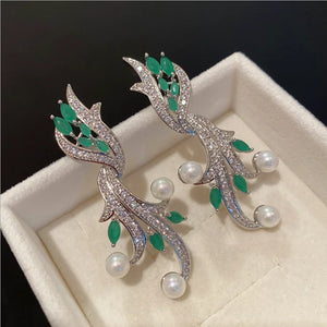Geometric Green Zircon Pearl Earrings Silver Needle Seaweed Design