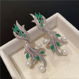 Geometric Green Zircon Pearl Earrings Silver Needle Seaweed Design