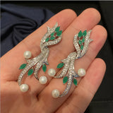 Geometric Green Zircon Pearl Earrings Silver Needle Seaweed Design
