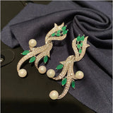 Geometric Green Zircon Pearl Earrings Silver Needle Seaweed Design