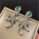 Geometric Green Zircon Pearl Earrings Silver Needle Seaweed Design
