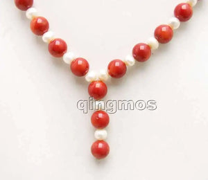 6-7mm Natural Freshwater Pearl & Round Red Coral Pendant Necklace
