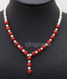 6-7mm Natural Freshwater Pearl & Round Red Coral Pendant Necklace