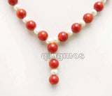 6-7mm Natural Freshwater Pearl & Round Red Coral Pendant Necklace