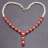 6-7mm Natural Freshwater Pearl & Round Red Coral Pendant Necklace