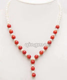 6-7mm Natural Freshwater Pearl & Round Red Coral Pendant Necklace