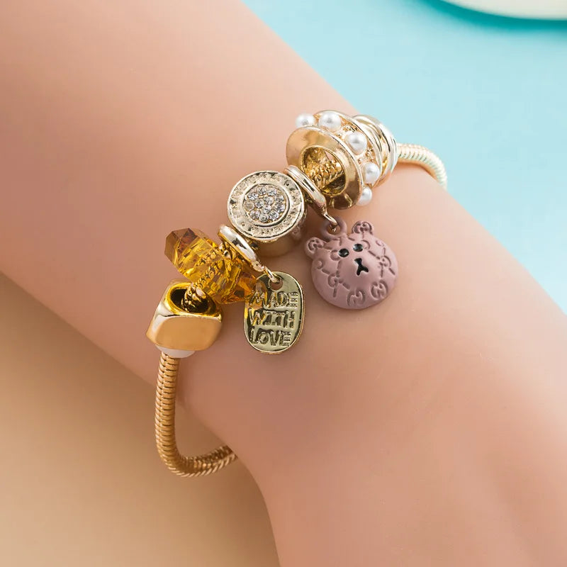 Stainless Steel Cat Rainbow Crystal Adjustable Bracelet