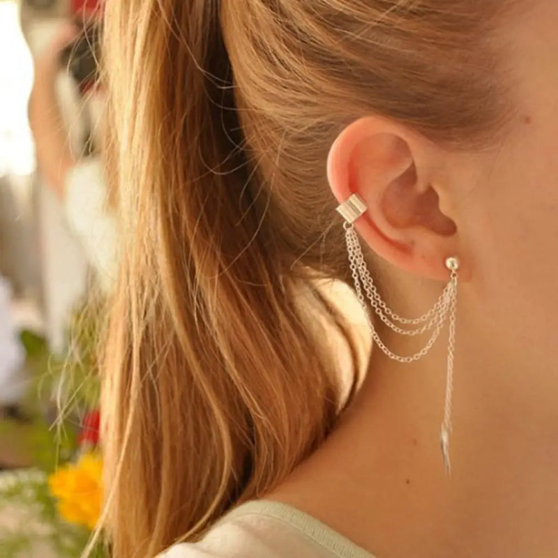 Stylish Punk Rock Leaf Chain Tassel Ear Cuff Wrap Earring