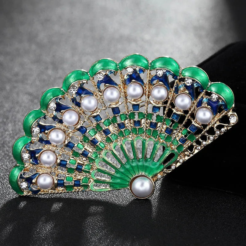 Green Enamel Fan Brooches Jewelry for Women Girls Hijab Pin Collar Suit Scarf