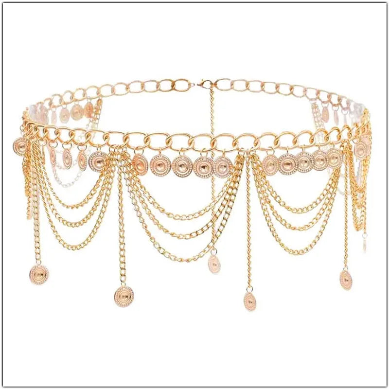 Women Waist Chain Hook Belt with Tassels for Dress Skirt Metal Belts