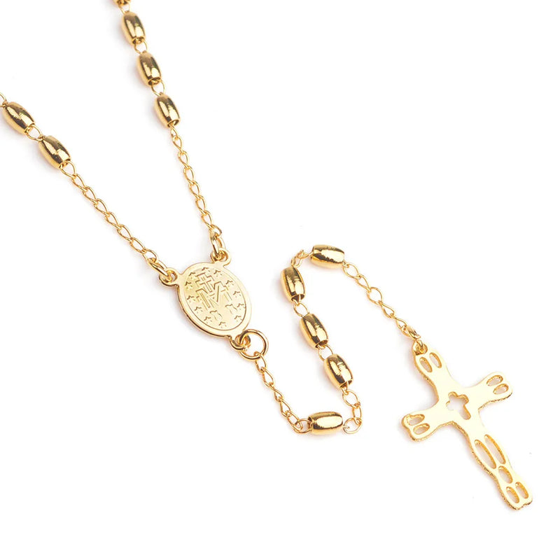 Women Golden Stainless Steel Catholic Rosary Necklace