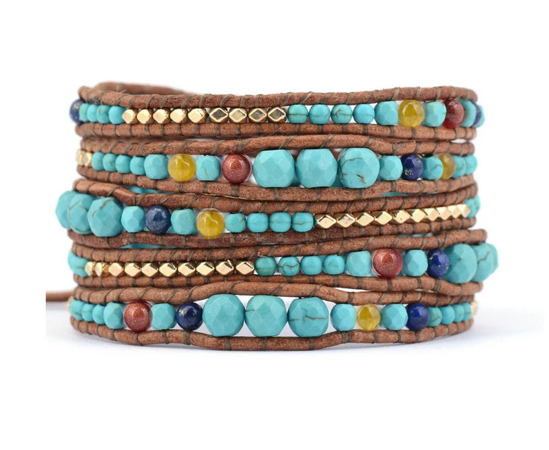 Boho Leather Wrap Bracelets with Graduated Stones