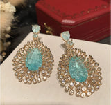 Green Water Drop Earrings Exaggerated Fireworks Flash Zircon S925 Silver Needle