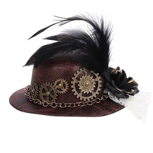 Women Halloween Gothic Mini Top Hat Steampunk Gears Chain Feather Fancy Dress
