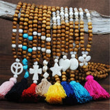 Boho Wood Beads Star Stone Pendant Tassel Necklace