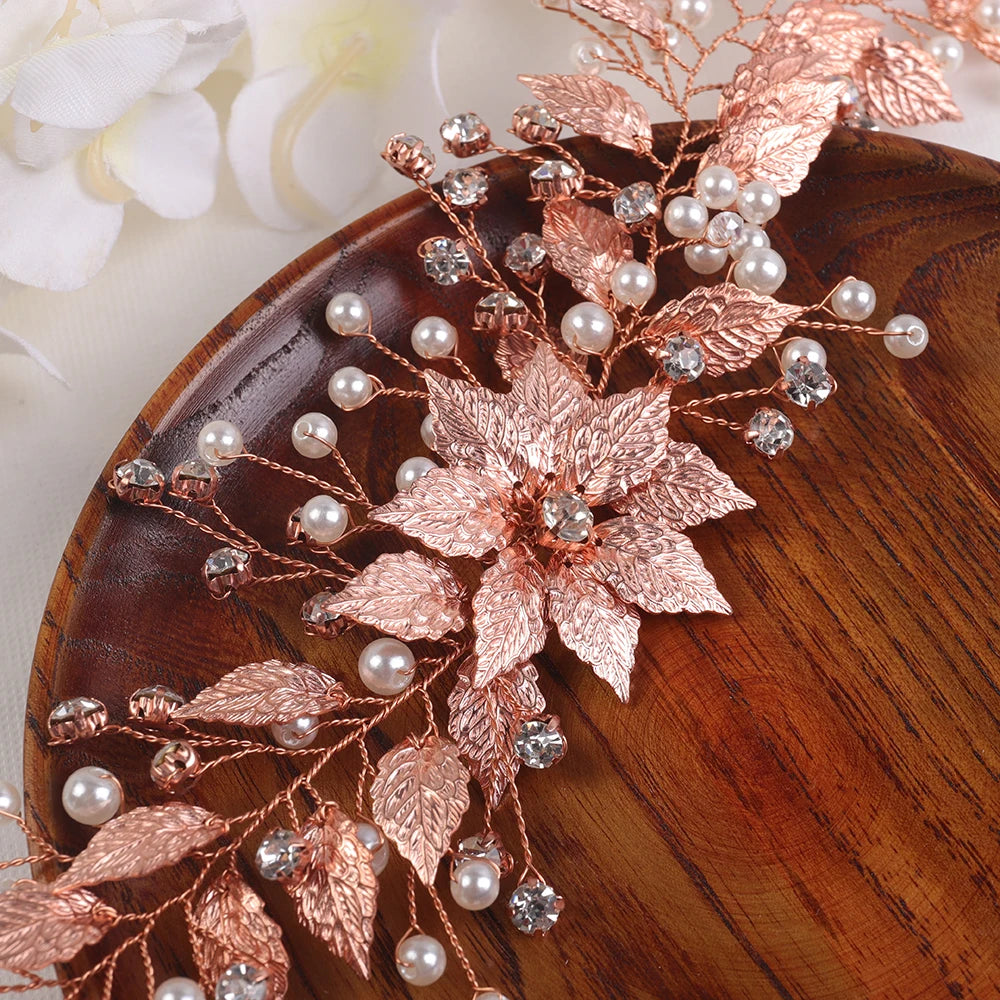 Rose Flower Wedding Headband Pearl Rhinestone Hair Accessory