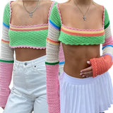 Women Hollow Out Crochet Knit Crop Top Long Sleeve Sexy Beach Sweater