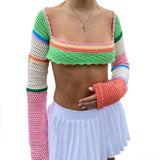 Women Hollow Out Crochet Knit Crop Top Long Sleeve Sexy Beach Sweater
