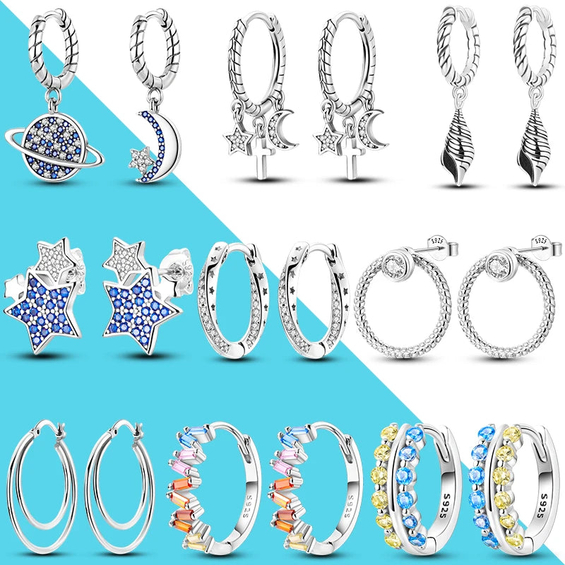 925 Silver Moon Star Hoop Earrings for Party Anniversary Gift