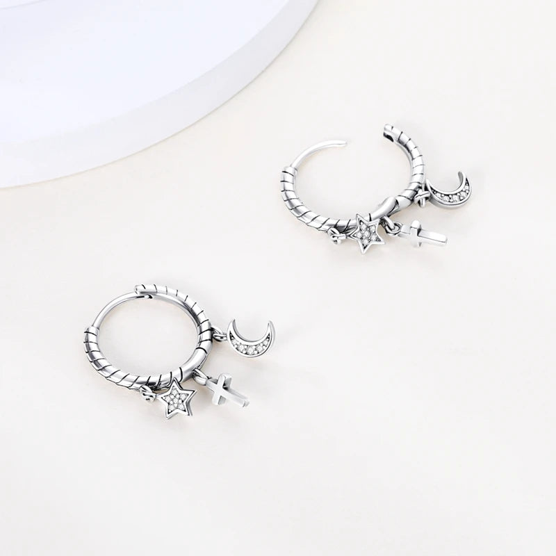 925 Silver Moon Star Hoop Earrings for Party Anniversary Gift