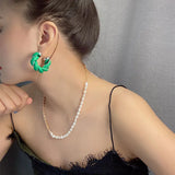 Leather Metal Twisted Weave Geometric Circel Green Earrings