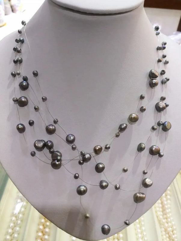 5-Row Necklace Deep Gray Baroque Pearl Pendant 18''