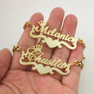 Heart Name Necklace With Butterfly Stainless Steel Crown Nameplate Pendant