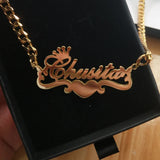 Heart Name Necklace With Butterfly Stainless Steel Crown Nameplate Pendant