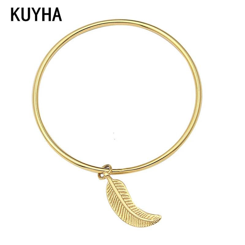 Leaf Pendant Bangle Bracelet with Charm
