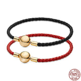 Leather Bracelet with 925 Silver Round Buckle for DIY Charm Beads