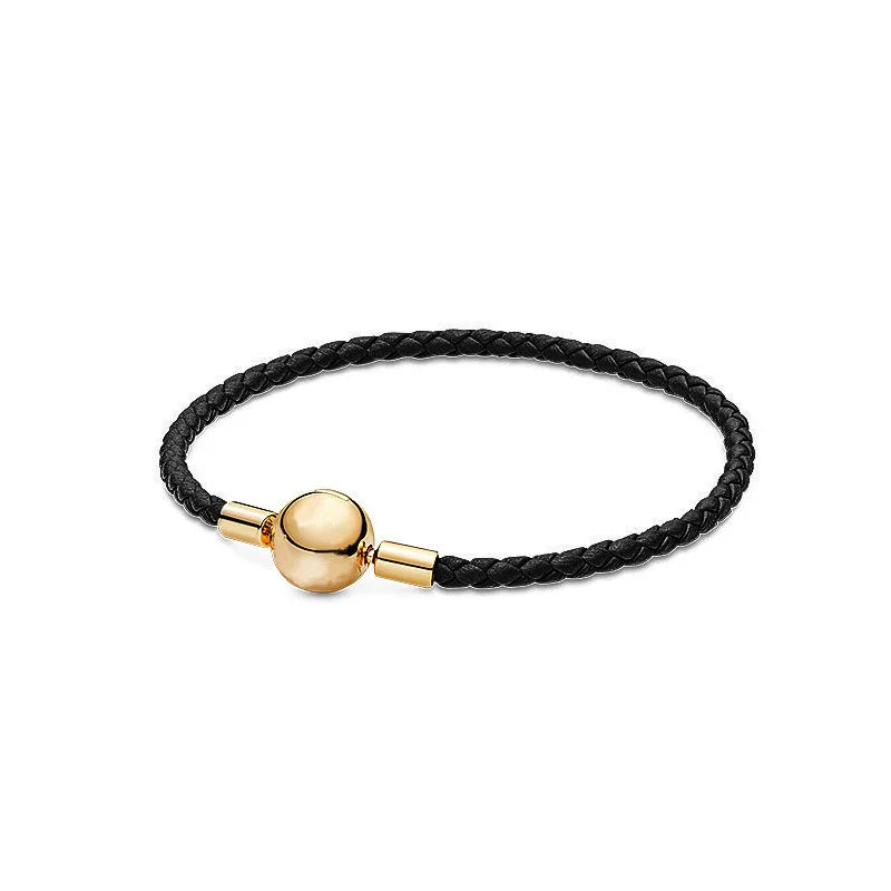 Leather Bracelet with 925 Silver Round Buckle for DIY Charm Beads