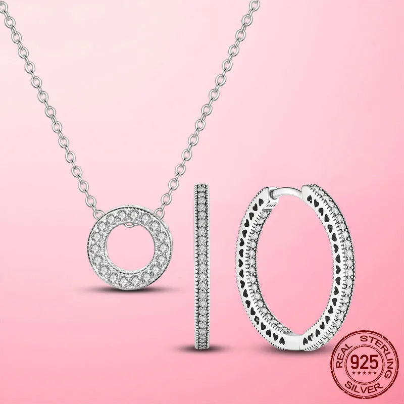 Circle Necklace & Earrings Set CZ Zircon Wedding Jewelry Gift