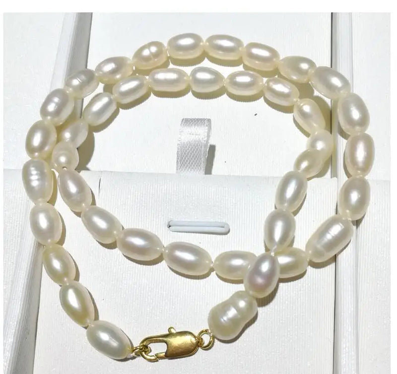 Natural Pearl Necklace, 7x8mm Oval Rice Pearl, 17''