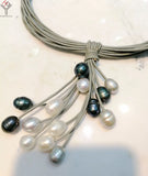 Gray Pearl Pendant Necklace Multi-layer Leather Rope 18''
