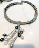 Gray Pearl Pendant Necklace Multi-layer Leather Rope 18''