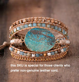 Women Leather Bracelet with Gilded Stone Charm Wrap Bracelet