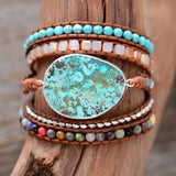 Women Leather Bracelet with Gilded Stone Charm Wrap Bracelet
