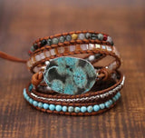 Women Leather Bracelet Natural Stone Charm 5 Strands Wrap Boho Bracelet