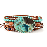 Women Leather Bracelet with Gilded Stone Charm Wrap Bracelet