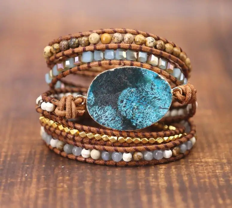 Women Leather Bracelet Natural Stone Charm 5 Strands Wrap Boho Bracelet