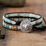 Women Leather Bracelets High End Mix Natural Stones 2 Strands Wrap Bracelets