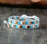 Women Leather Bracelets Mix Natural Stones 2 Strands Vintage Bead Bracelet