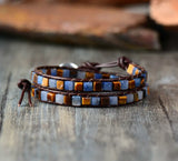 Women Leather Bracelets Mix Natural Stones 2 Strands Vintage Bead Bracelet